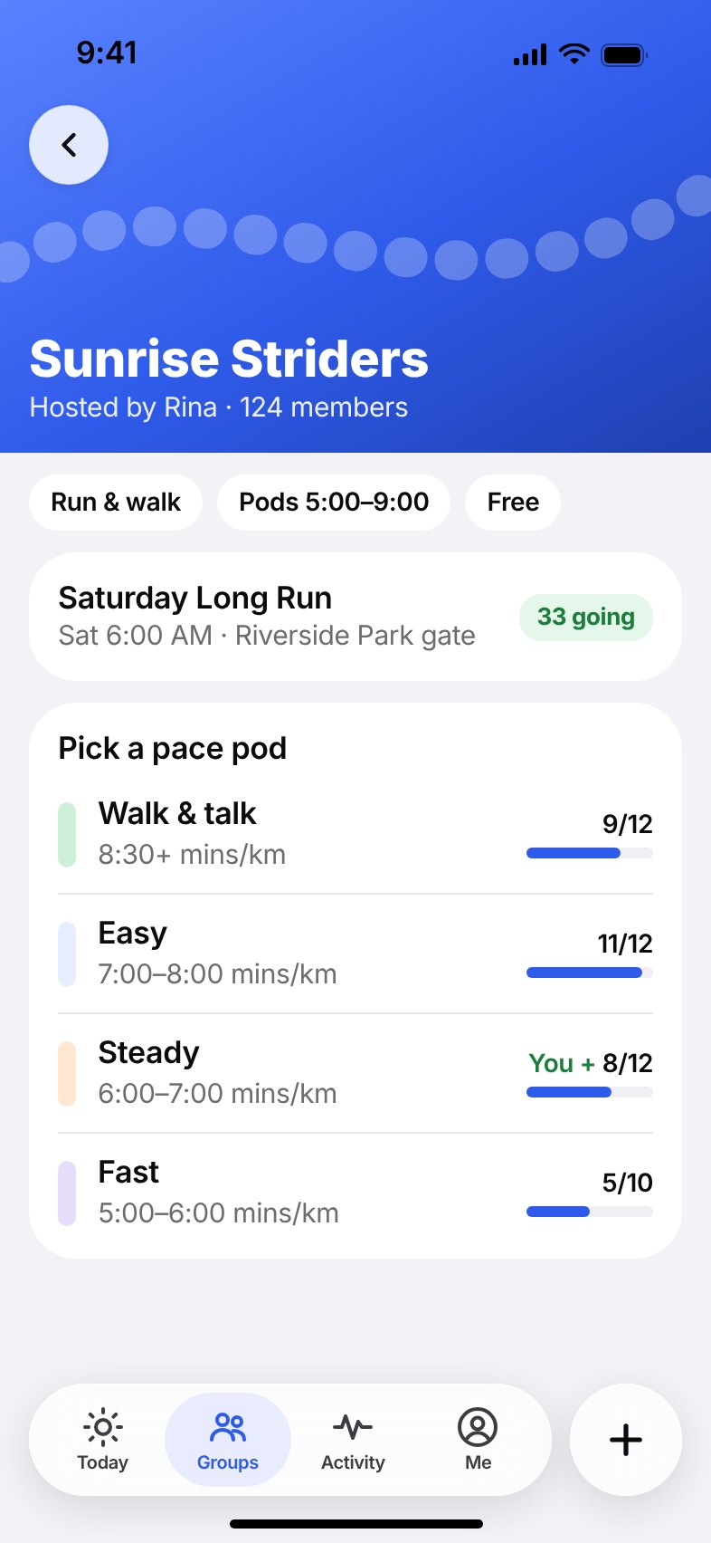 The Sunrise Striders group with a Saturday long run and four pace pods showing how many places are taken.