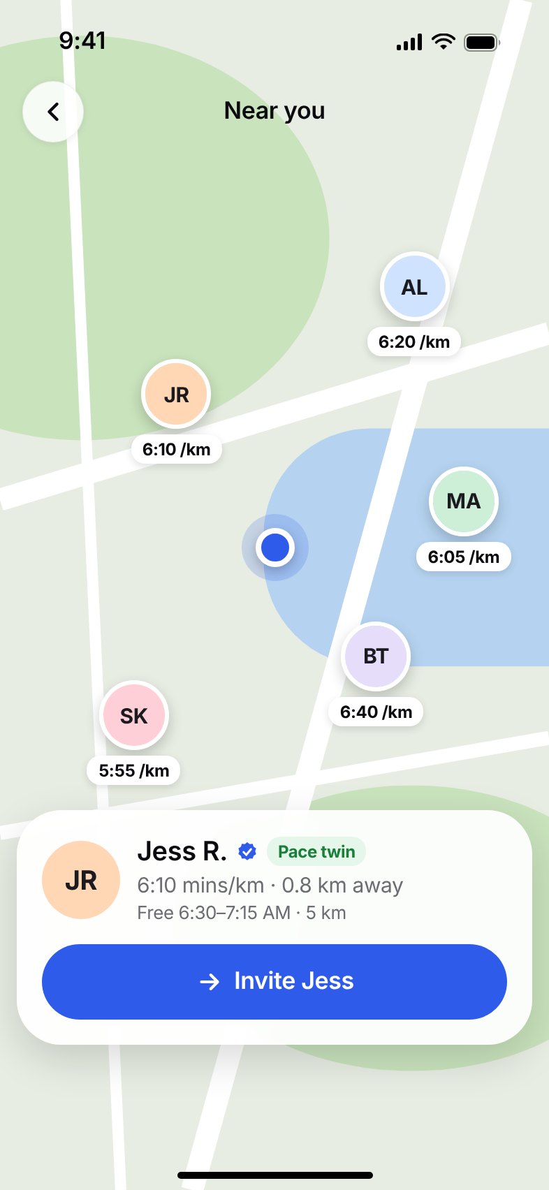 A map of runners near you, each labelled with their pace, with Jess selected and an Invite button.
