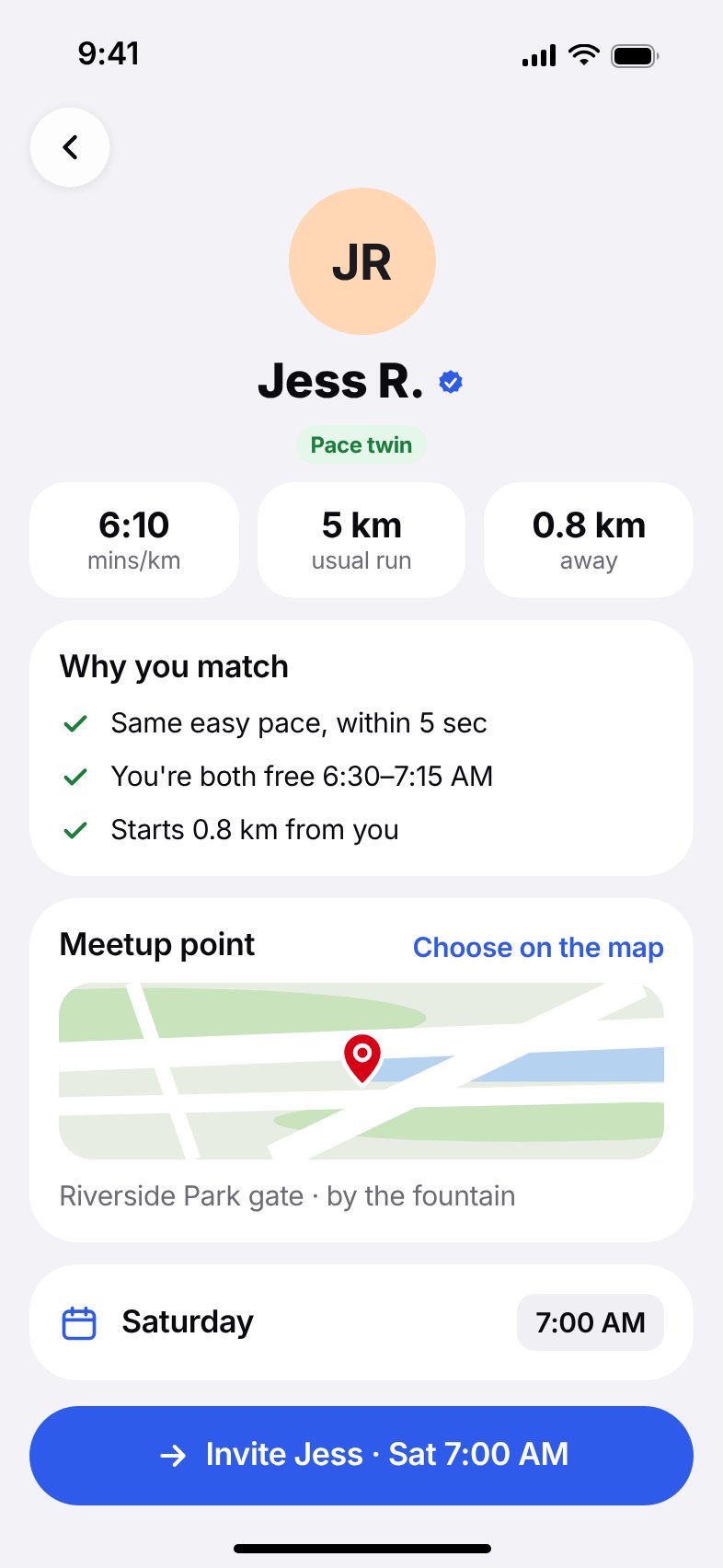 Jess's profile with her pace, usual distance, why you match and a suggested meetup point.
