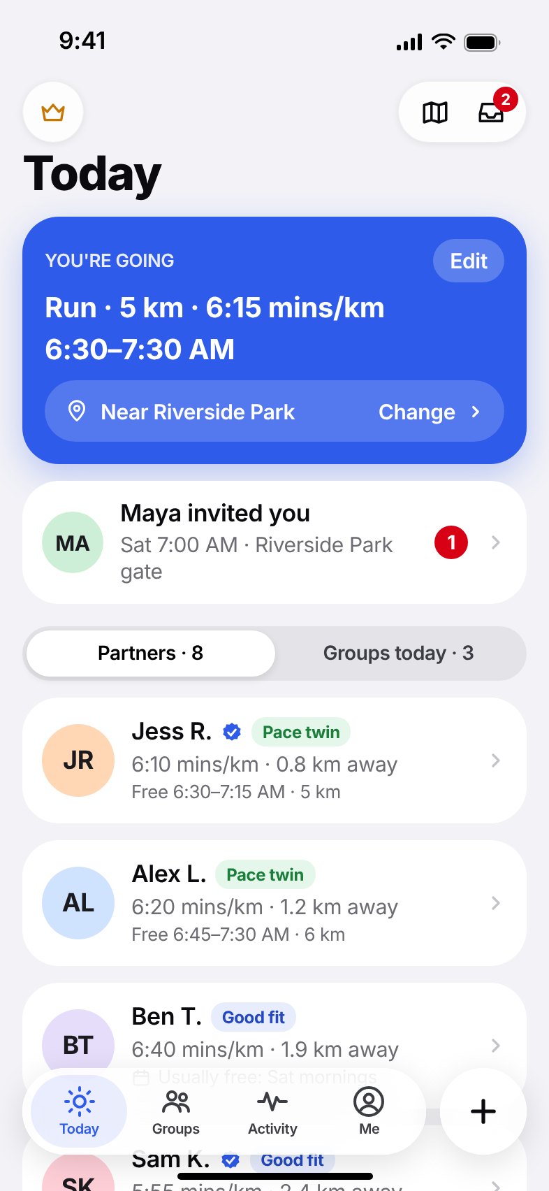 The Today screen: your plan for a 5 km run at 6:15 per kilometre, an invite from Maya, and four nearby matches including two pace twins.